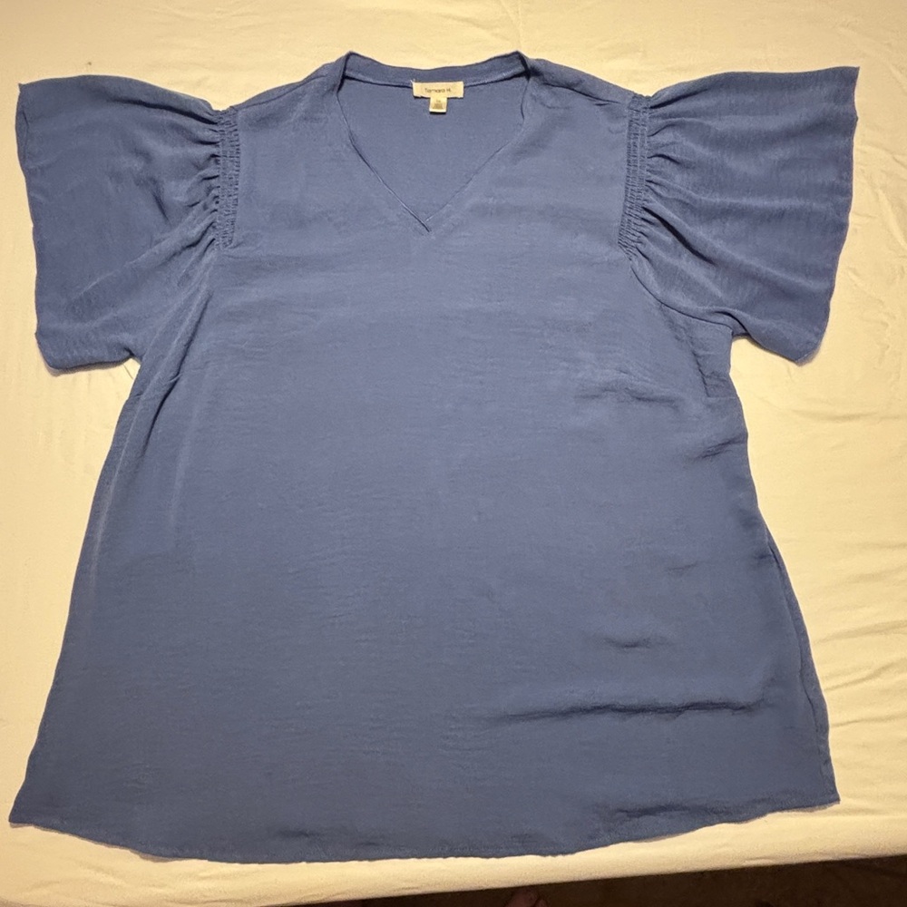 Chic Blue V-Neck Blouse with Flutter Sleeves